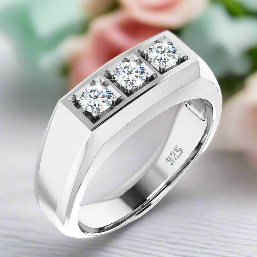Stylish 3 Stone Mens Moissanite Diamond Ring Sterling Silver (Available in 3 Colours) 9 / Rose Gold, image size:1024x1024