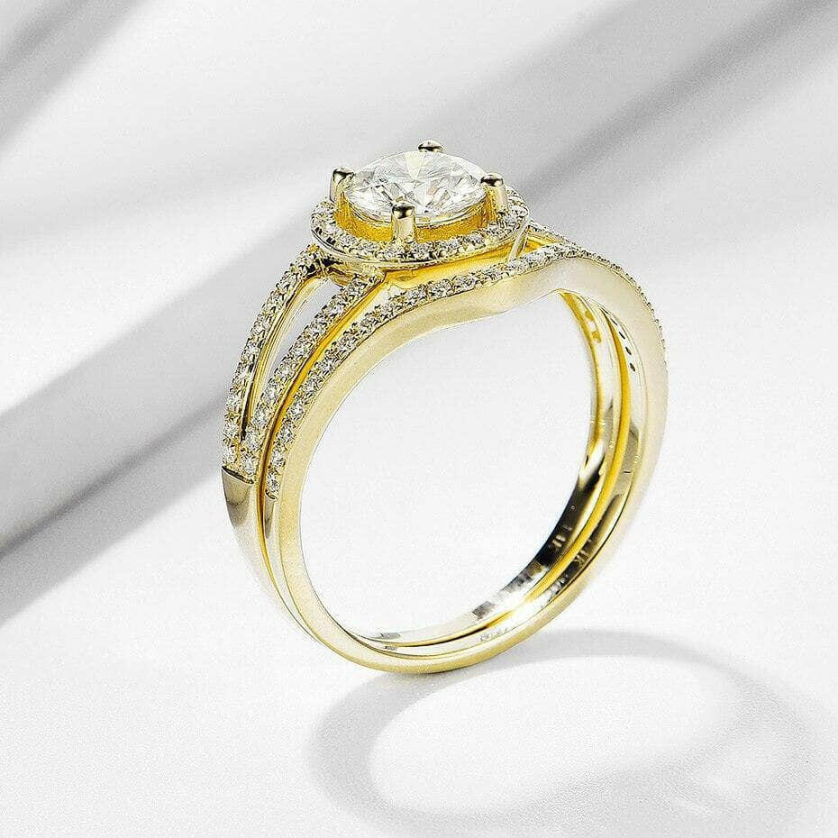 10k Yellow Gold 1.0 Ct Round Diamond Halo Engagement Ring Set-Evani Naomi Jewelry
