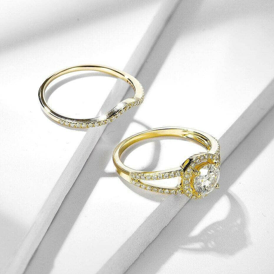 10k Yellow Gold 1.0 Ct Round Diamond Halo Engagement Ring Set-Evani Naomi Jewelry