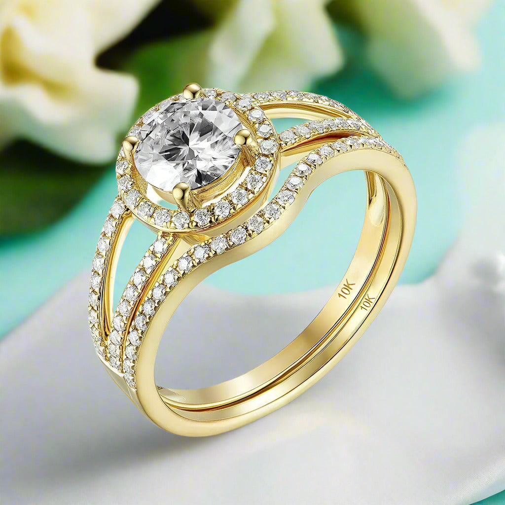 10k Yellow Gold 1.0 Ct Round Diamond Halo Engagement Ring Set-Evani Naomi Jewelry
