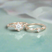 14K Rose Gold 0.5 Ct Round Cut Diamond Flower Engagement Ring Set-Evani Naomi Jewelry