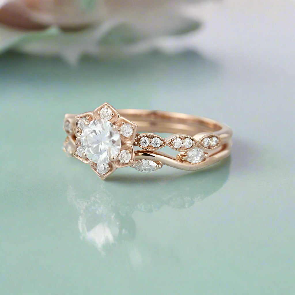 14K Rose Gold 0.5 Ct Round Cut Diamond Flower Engagement Ring Set-Evani Naomi Jewelry
