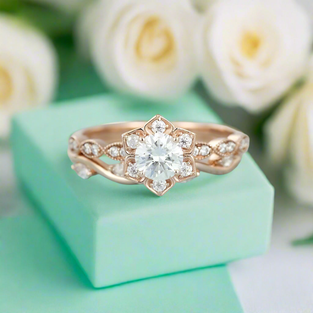 14K Rose Gold 0.5 Ct Round Cut Diamond Flower Engagement Ring Set-Evani Naomi Jewelry
