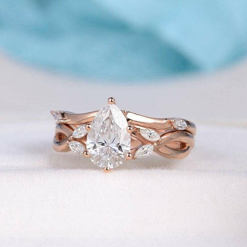 14K Rose Gold 1.5 Ct Pear Diamond Bridal Ring Set-Evani Naomi Jewelry