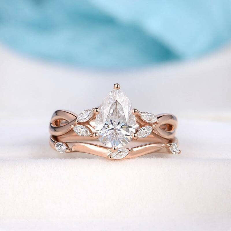 14K Rose Gold 1.5 Ct Pear Diamond Bridal Ring Set-Evani Naomi Jewelry