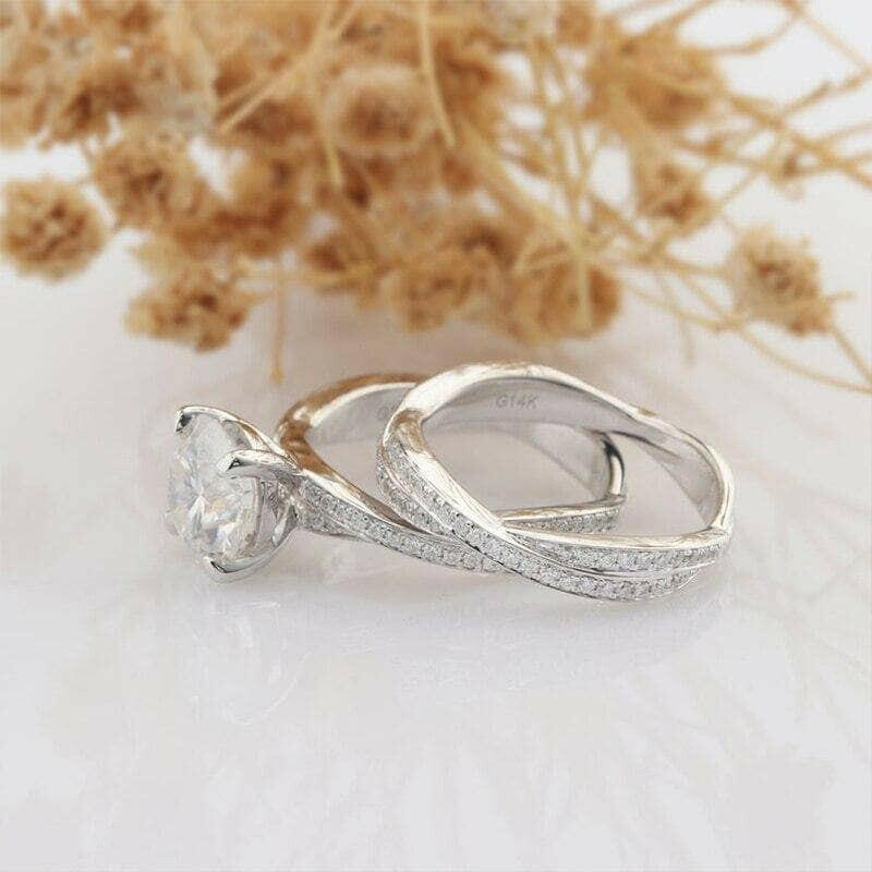 14K White Gold 2.0 Ct Diamond Twist Band Engagement Ring Set-Evani Naomi Jewelry