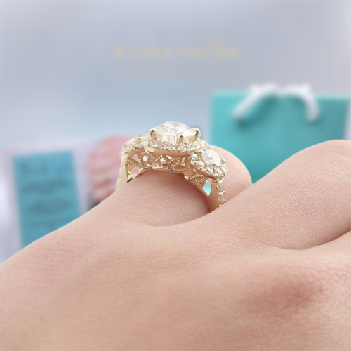 14K Yellow Gold 3 Stone Diamond Halo Engagement Ring-Evani Naomi Jewelry
