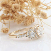 14K Yellow Gold 3 Stone Diamond Halo Engagement Ring-Evani Naomi Jewelry