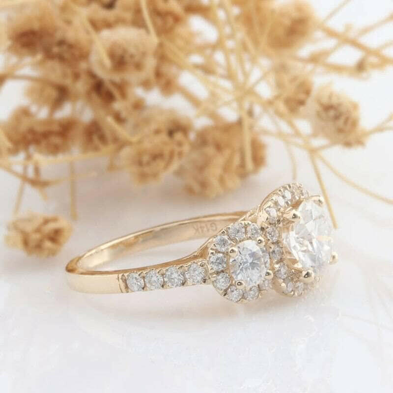 14K Yellow Gold 3 Stone Diamond Halo Engagement Ring-Evani Naomi Jewelry