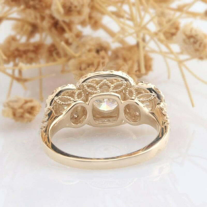 14K Yellow Gold 3 Stone Diamond Halo Engagement Ring-Evani Naomi Jewelry