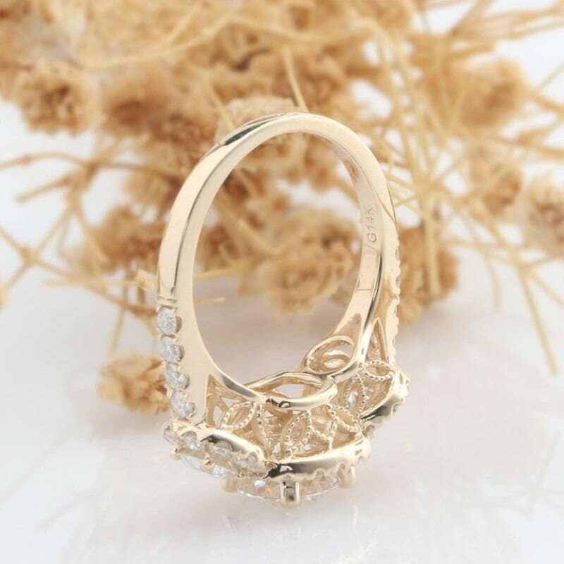 14K Yellow Gold 3 Stone Diamond Halo Engagement Ring-Evani Naomi Jewelry