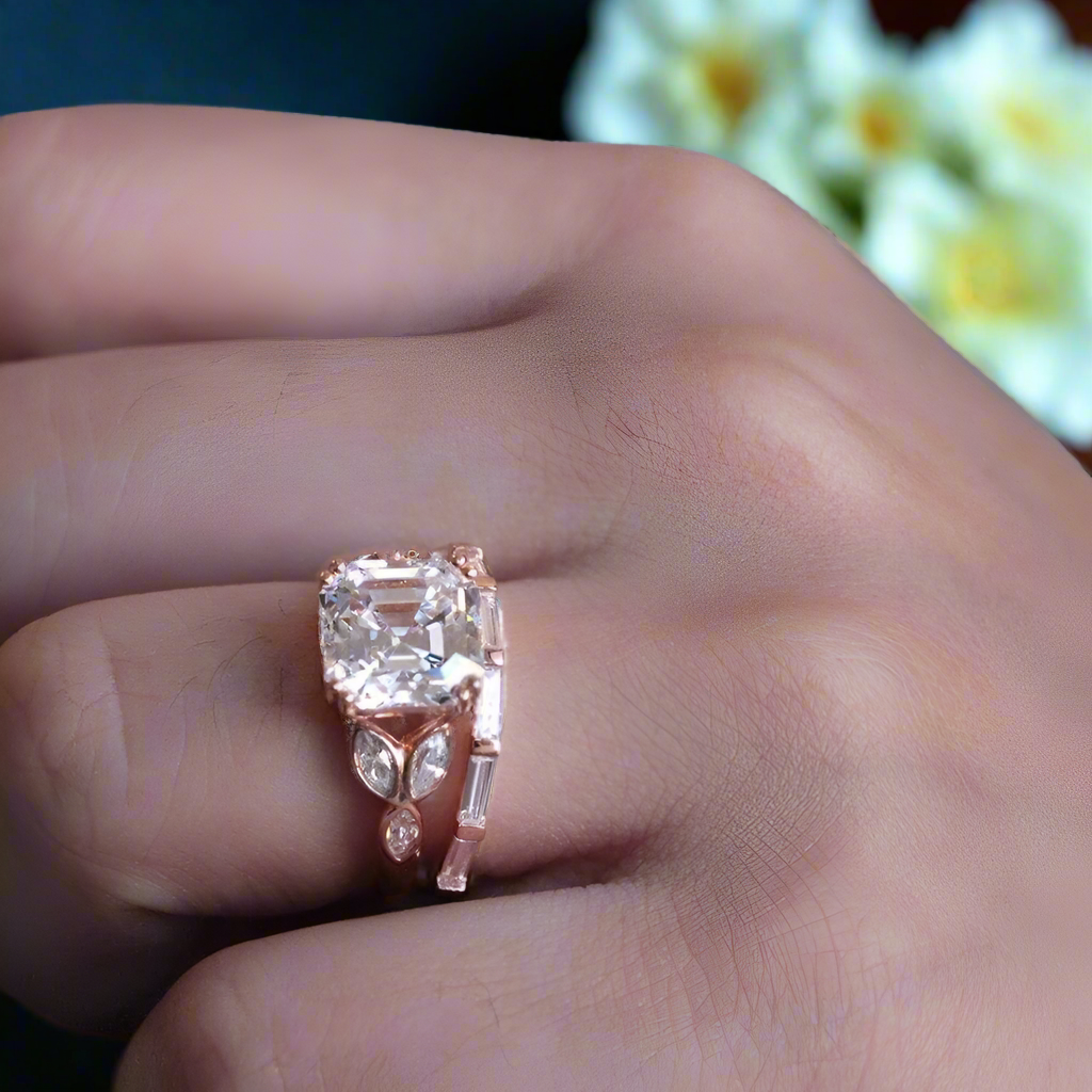 14k Rose Gold 3.0 Ct Asscher Cut Diamond Engagement Ring Set-Evani Naomi Jewelry