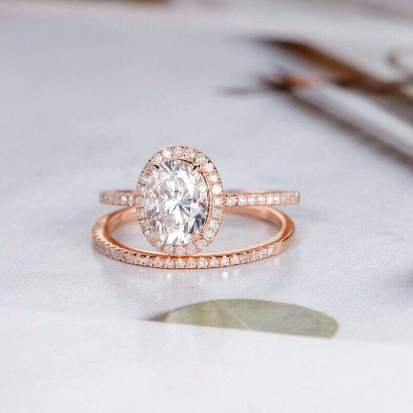 14k Rose Gold Oval Cut Diamond Halo Bridal Ring Set-Evani Naomi Jewelry