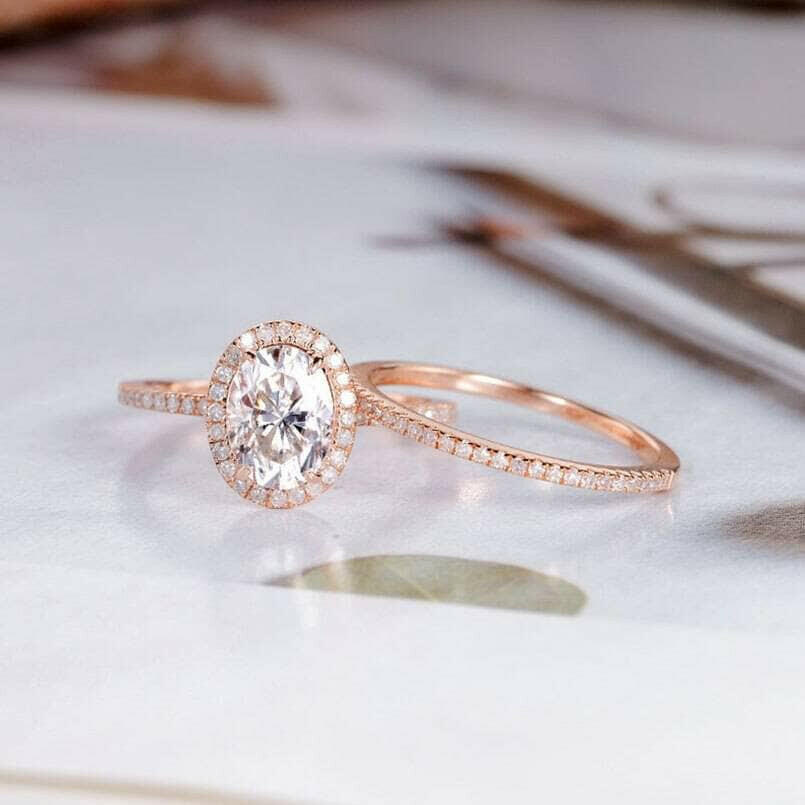 14k Rose Gold Oval Cut Diamond Halo Bridal Ring Set-Evani Naomi Jewelry