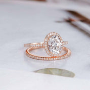 14k Rose Gold Oval Cut Diamond Halo Bridal Ring Set-Evani Naomi Jewelry
