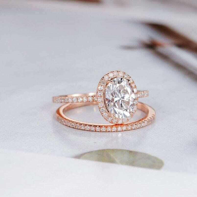 14k Rose Gold Oval Cut Diamond Halo Bridal Ring Set-Evani Naomi Jewelry