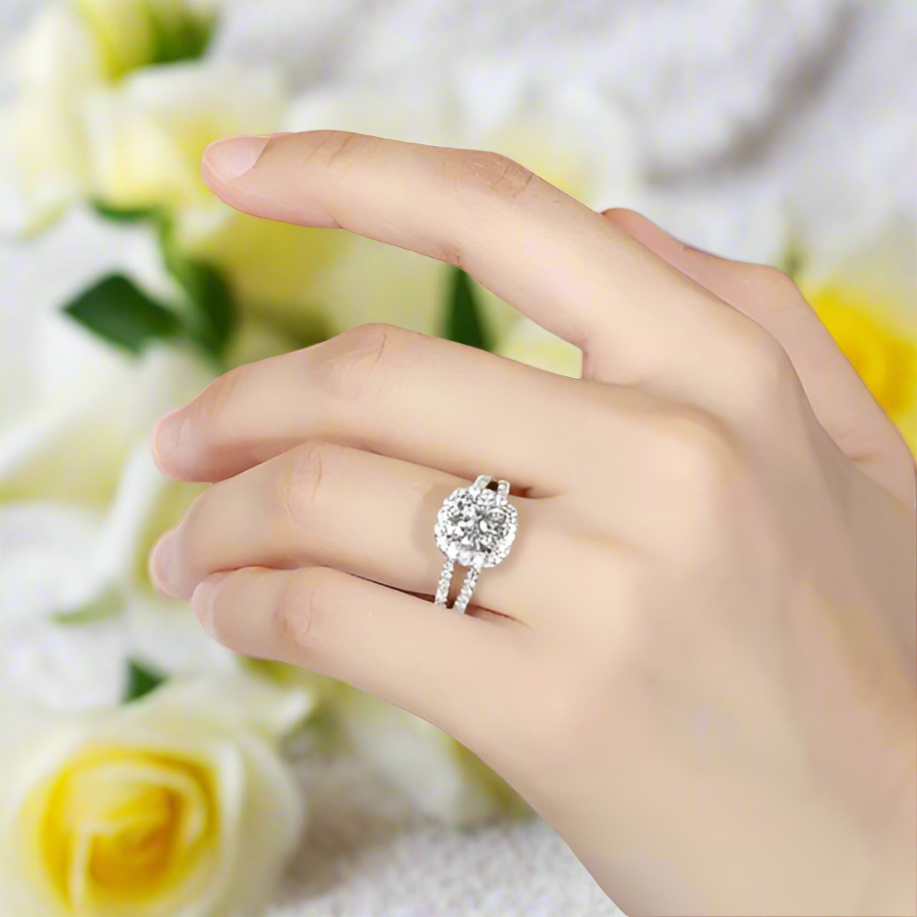 14k White Gold Cushion Cut Halo Diamond Split Band Engagement Ring-Evani Naomi Jewelry