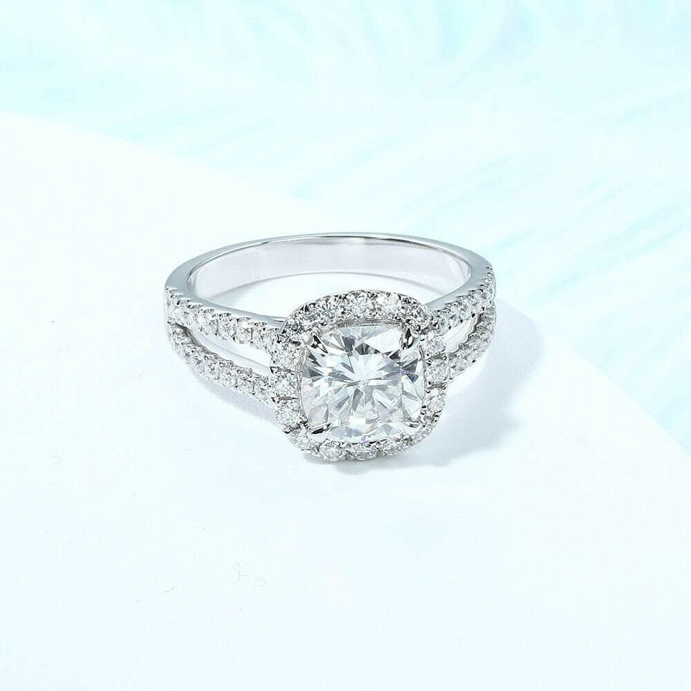 14k White Gold Cushion Cut Halo Diamond Split Band Engagement Ring-Evani Naomi Jewelry