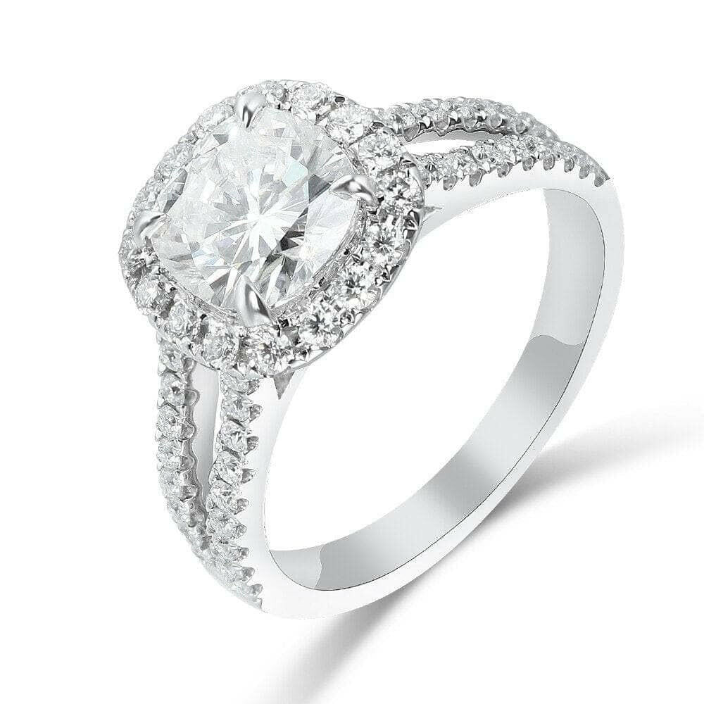 14k White Gold Cushion Cut Halo Diamond Split Band Engagement Ring-Evani Naomi Jewelry