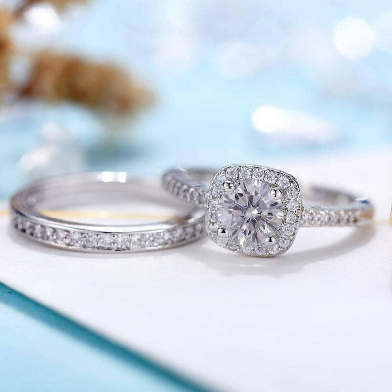 14k White Gold Halo Diamond Engagement Ring Set-Evani Naomi Jewelry