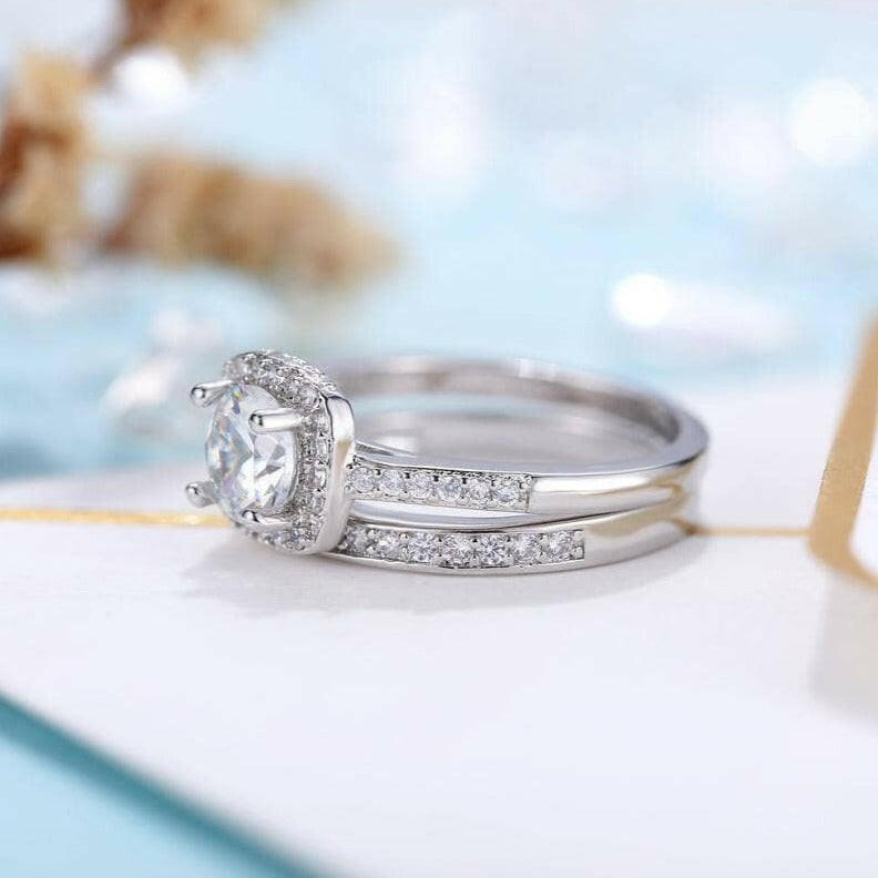 14k White Gold Halo Diamond Engagement Ring Set-Evani Naomi Jewelry