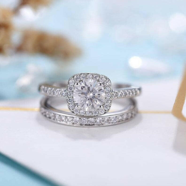 14k White Gold Halo Diamond Engagement Ring Set-Evani Naomi Jewelry