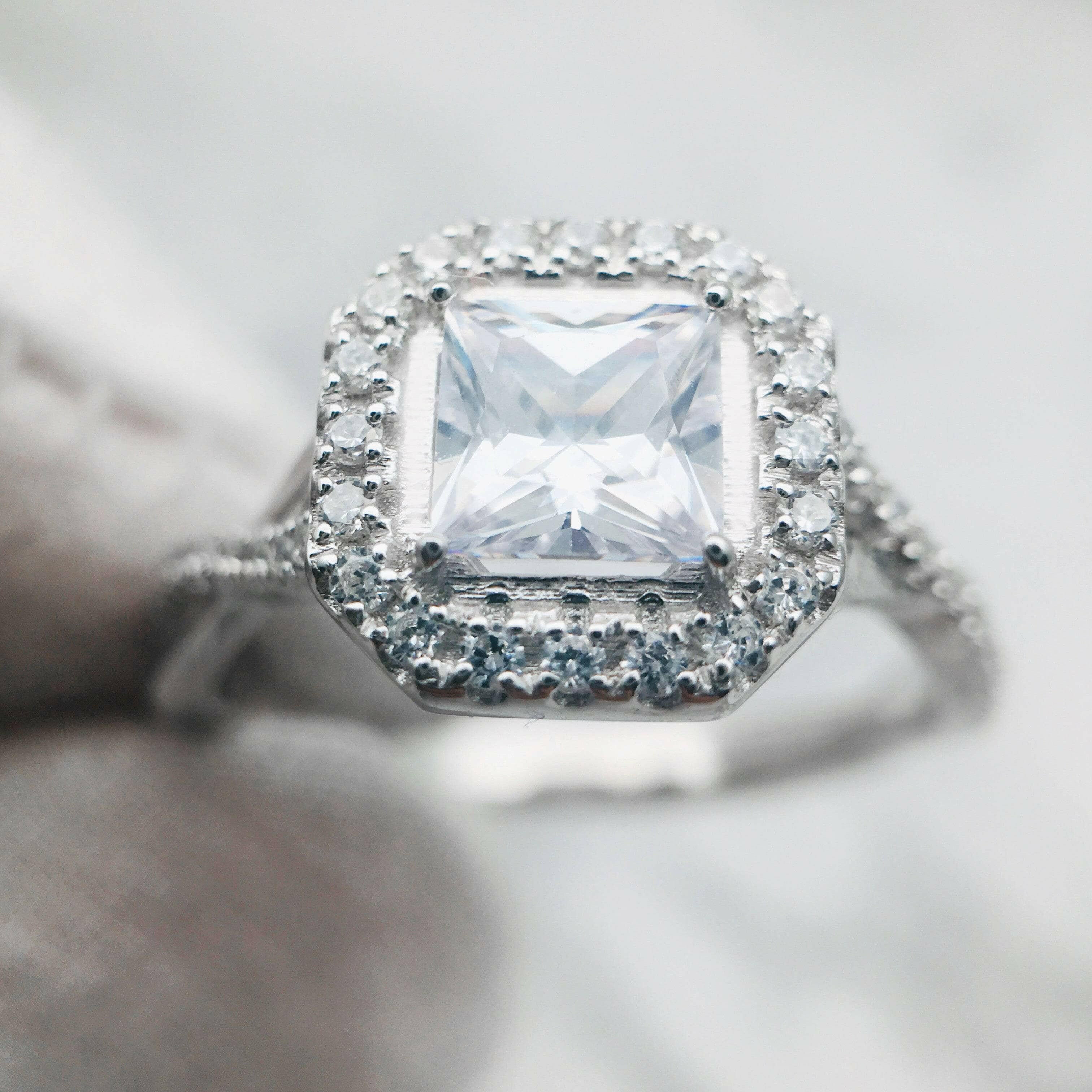 18k White Gold Princess Cut Diamond Halo Engagement Ring-Evani Naomi Jewelry