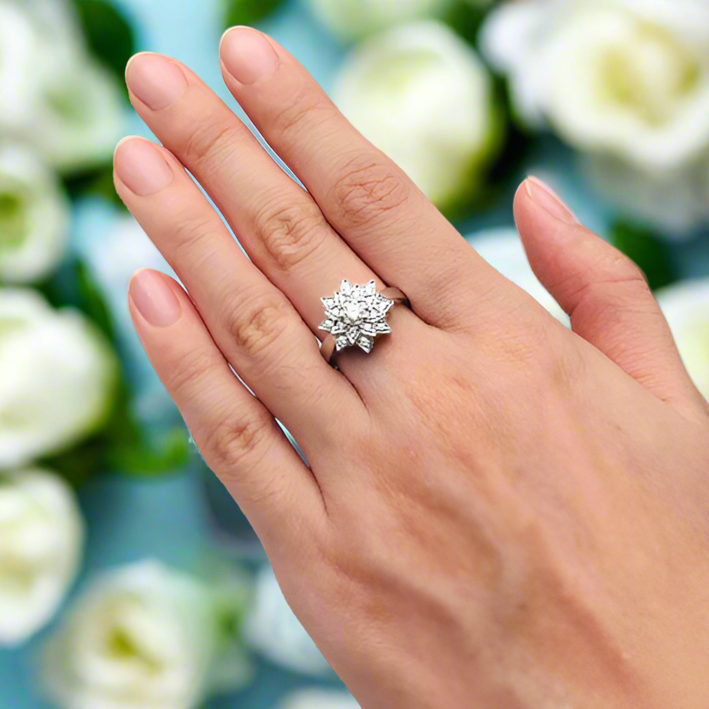 18k White Gold Round Diamond Sunflower Design Engagement Ring-Evani Naomi Jewelry