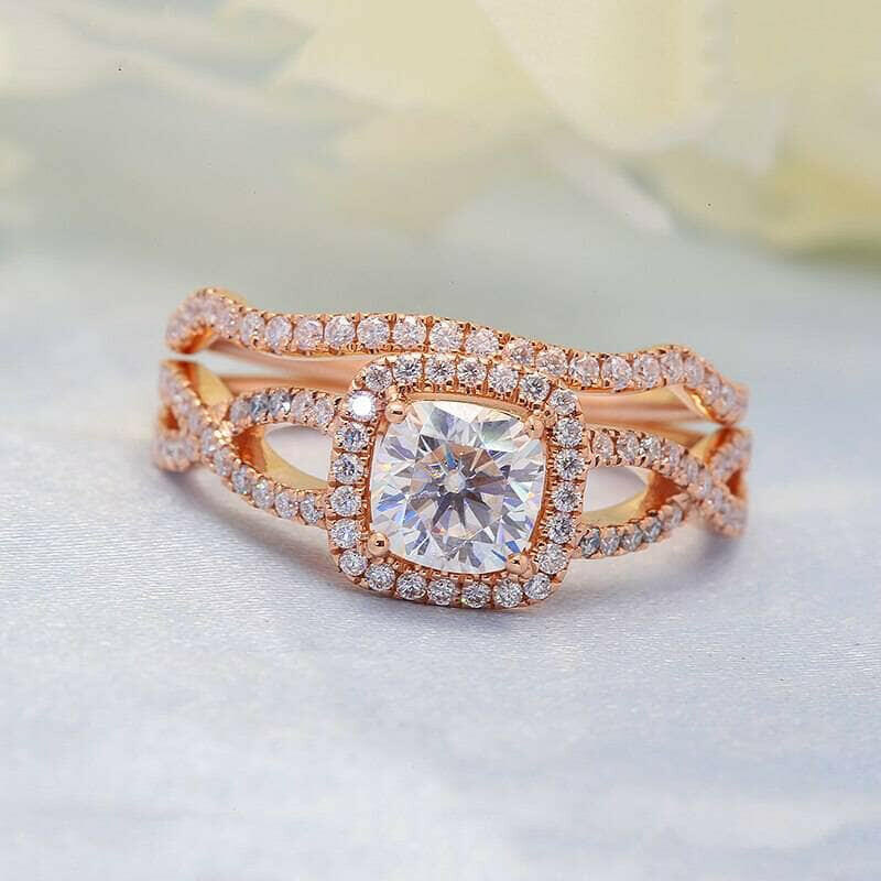 1.0 Ct Cushion Cut Diamond 18k Rose Gold Halo Engagement Ring-Evani Naomi Jewelry