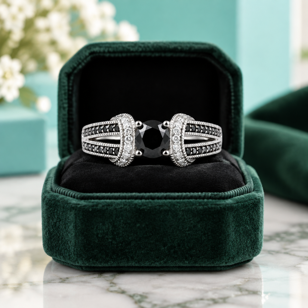 1.0 Ct Round Cut Black and White Diamond Option Engagement Ring - Evani Naomi Jewelry