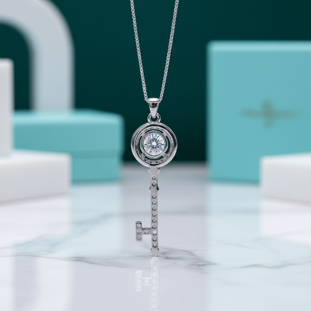 1.0 Ct Round Diamond Cute Key Shape Pendant Necklace-Evani Jewelry