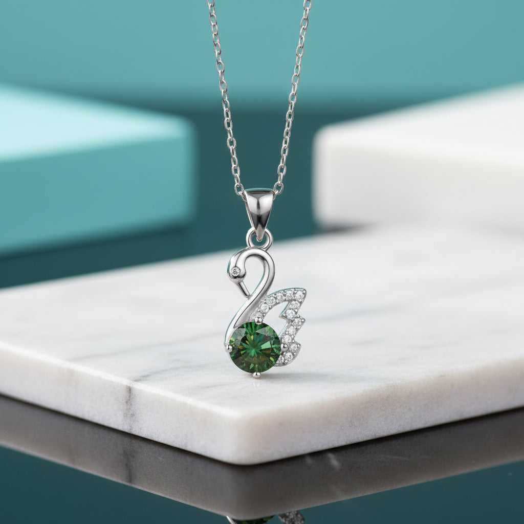 1.0 Ct Round Emerald Birthstone Swan Pendant Necklace-Evani Jewelry