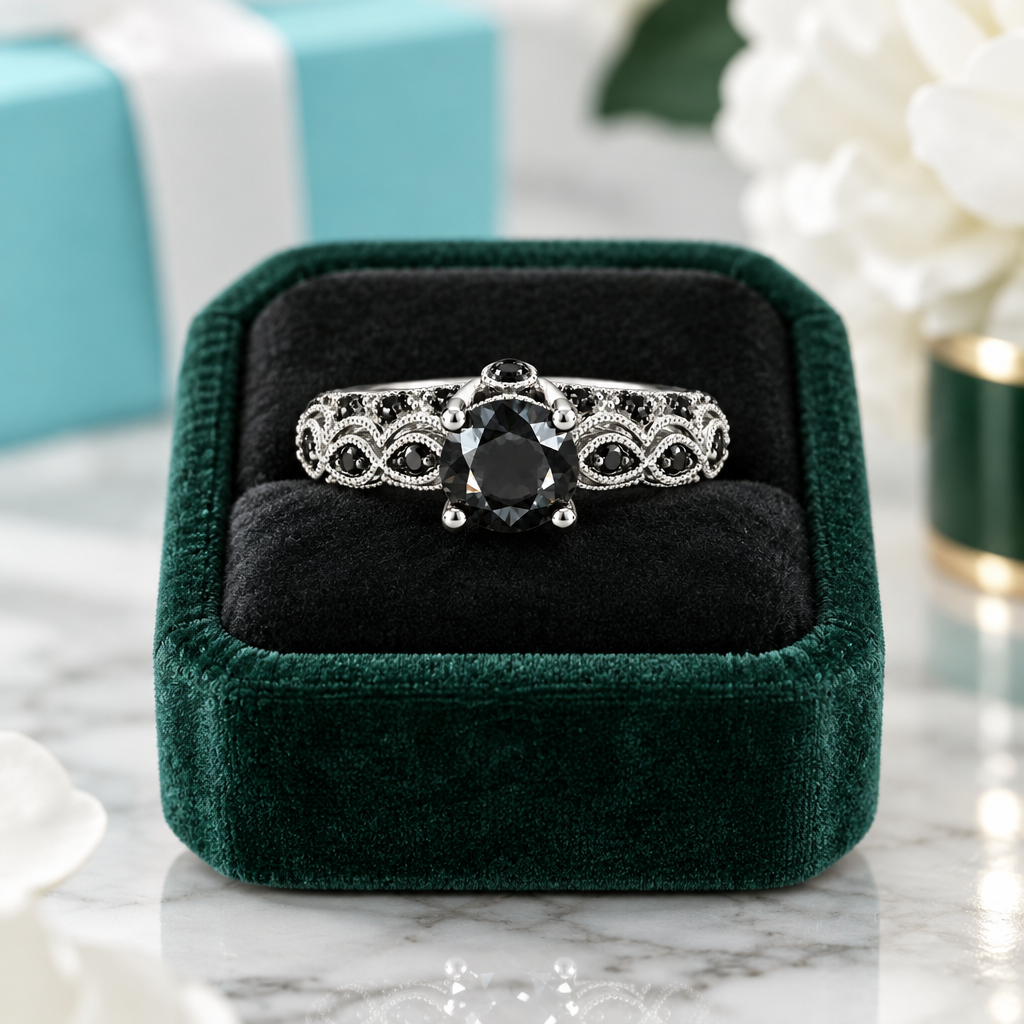 1.28 Ct Round Cut Black Diamond Option Engagement Ring - Evani Naomi Jewelry