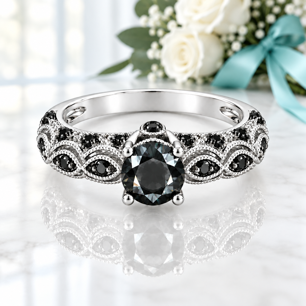 1.28 Ct Round Cut Black Diamond Option Engagement Ring - Evani Naomi Jewelry