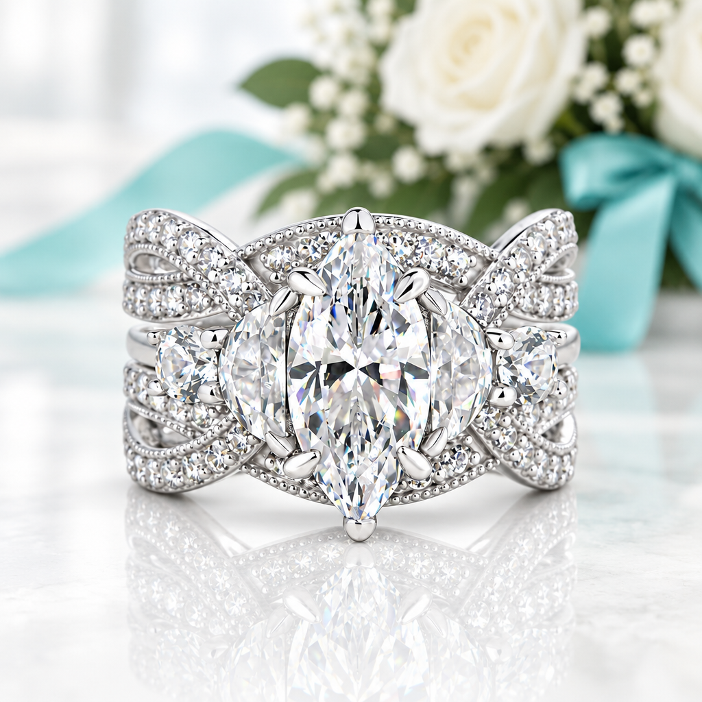 1.5 Ct Marquise Cut Diamond Option Insert Wedding Ring Set - Evani Naomi Jewelry