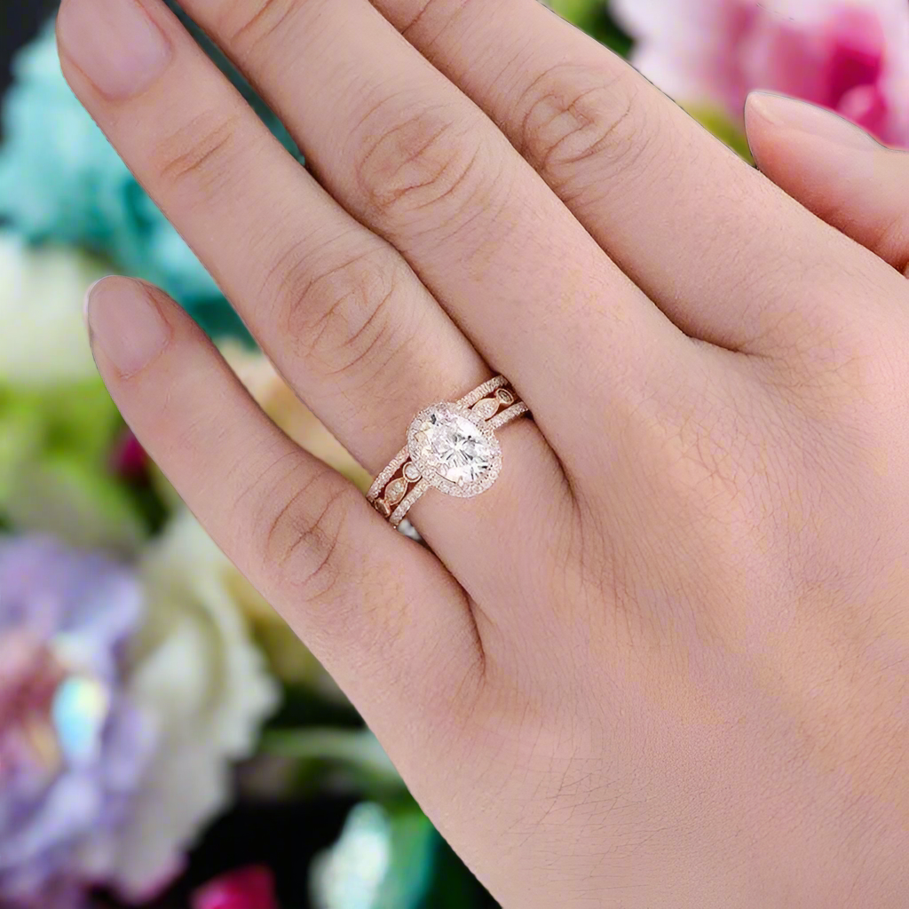 1.5 Ct Oval Diamond 14k Rose Gold Halo Engagement Ring Set-Evani Naomi Jewelry