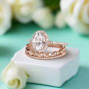 1.5 Ct Oval Diamond 14k Rose Gold Halo Engagement Ring Set-Evani Naomi Jewelry