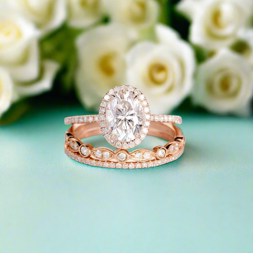 1.5 Ct Oval Diamond 14k Rose Gold Halo Engagement Ring Set-Evani Naomi Jewelry