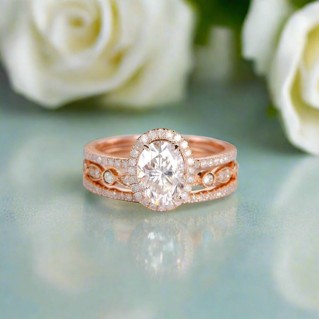 1.5 Ct Oval Diamond 14k Rose Gold Halo Engagement Ring Set-Evani Naomi Jewelry