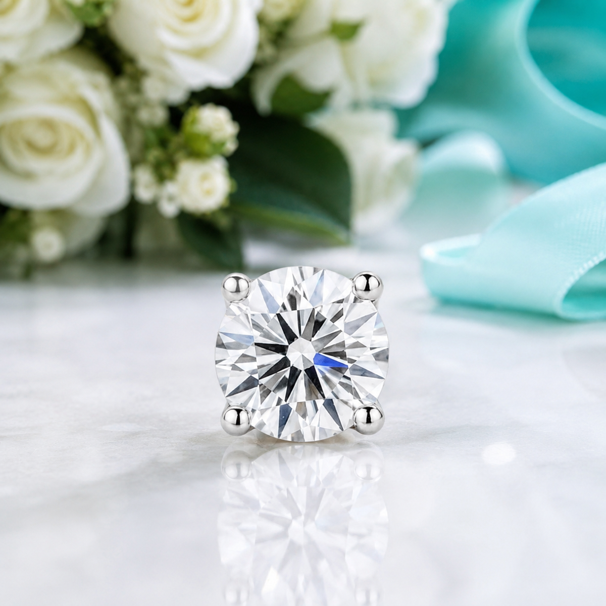 A round brilliant-cut diamond solitaire ring in a four-prong silver setting, displayed on a white marble surface with a blurred bouquet of white roses and a light blue ribbon in the background.