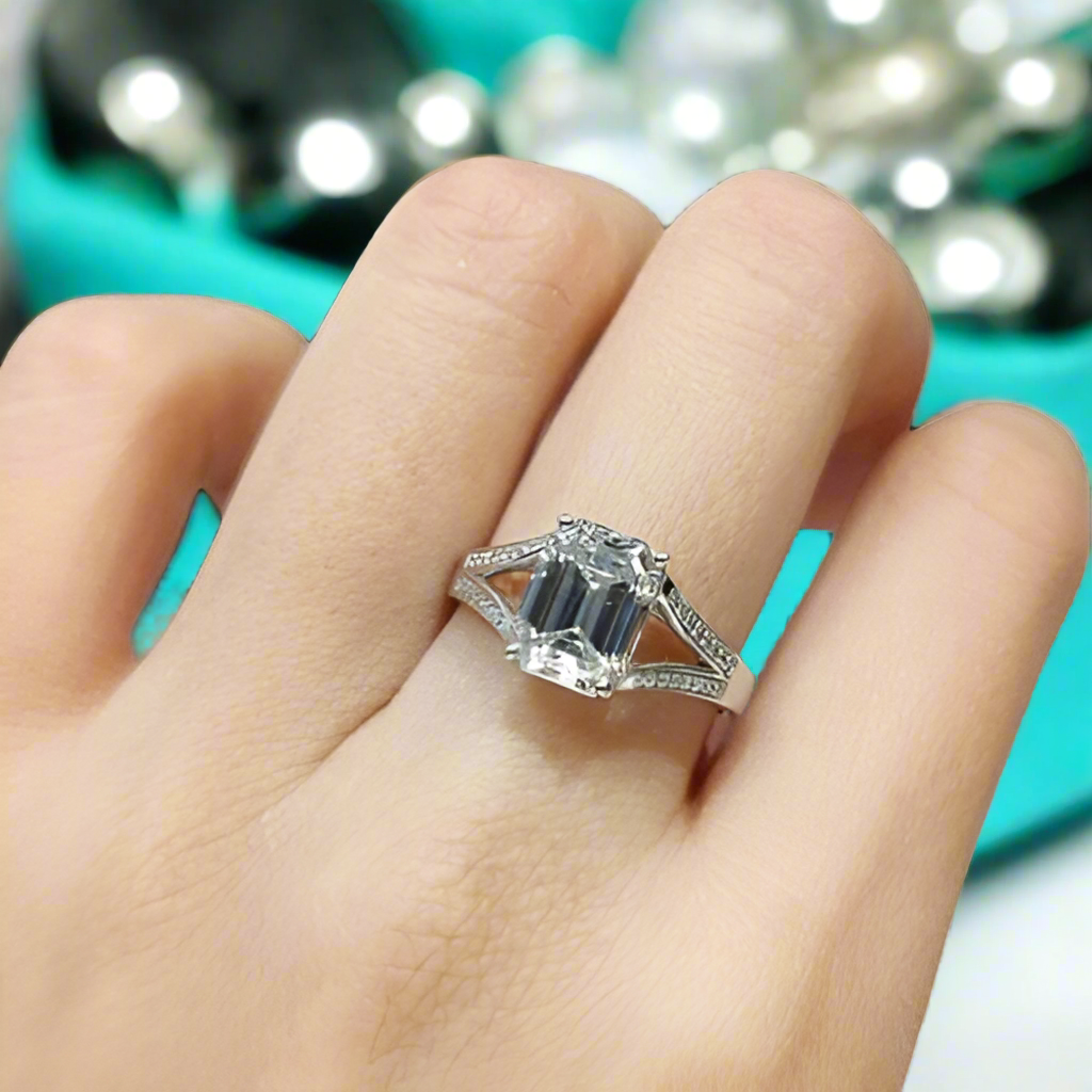 2.0 Ct Emerald Cut Diamond 18K White Gold Split Shank Engagement Ring-Evani Naomi Jewelry