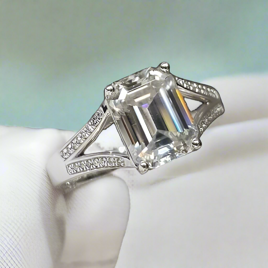 2.0 Ct Emerald Cut Diamond 18K White Gold Split Shank Engagement Ring-Evani Naomi Jewelry
