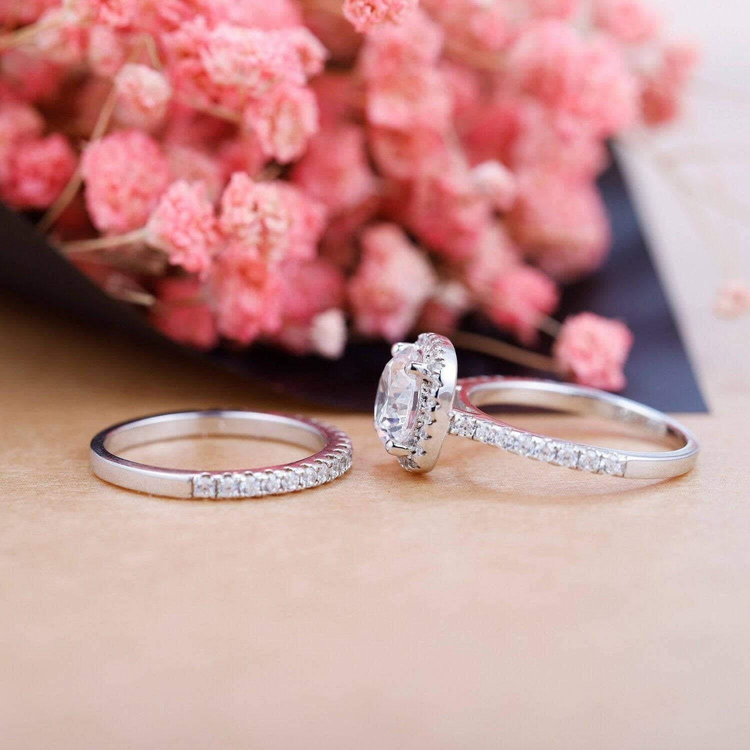 2.0 Ct Round Cut Diamond Halo Bridal Ring Set-Evani Naomi Jewelry