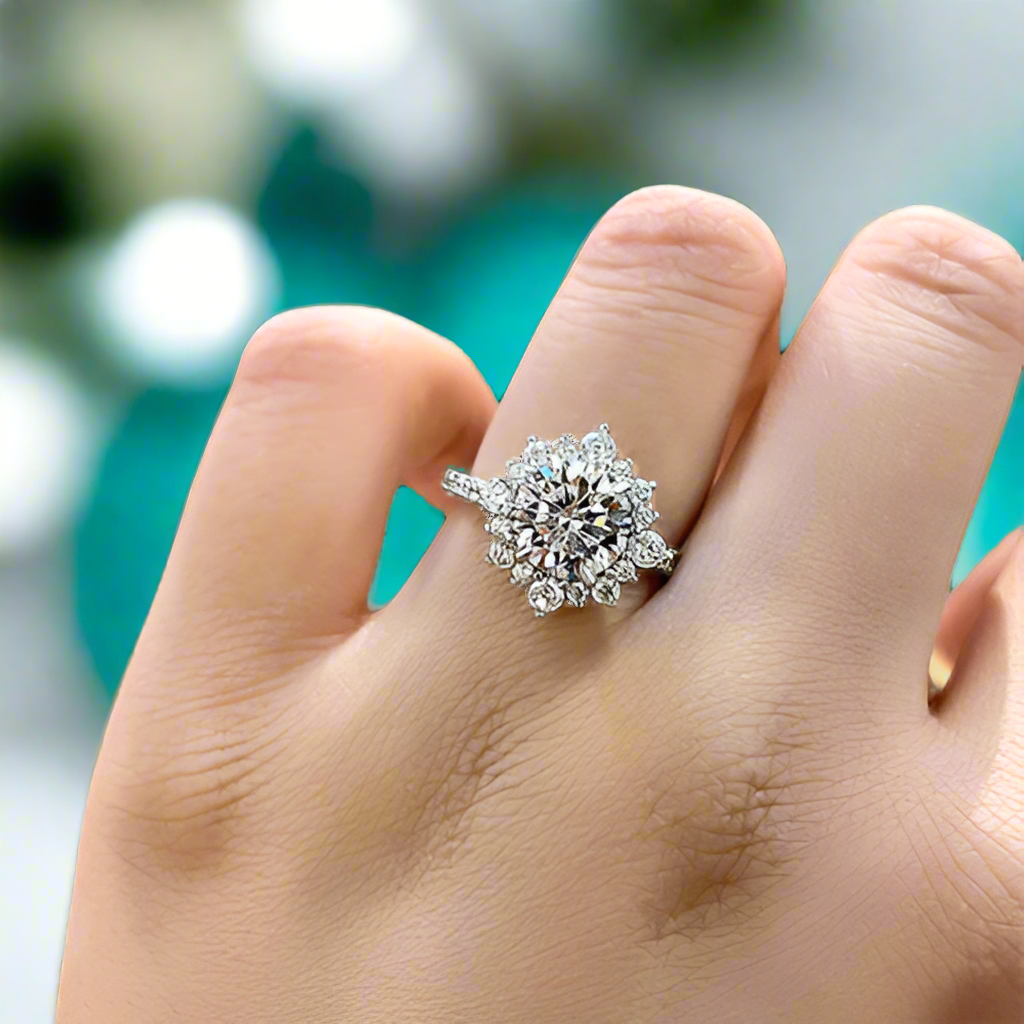 2.0 ct Round Cut Diamond in Snowflake Design Engagement Ring with Halo-Evani Naomi Jewelry