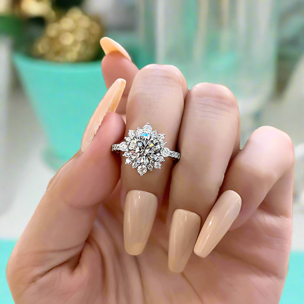 2.0 ct Round Cut Diamond in Snowflake Design Engagement Ring with Halo-Evani Naomi Jewelry