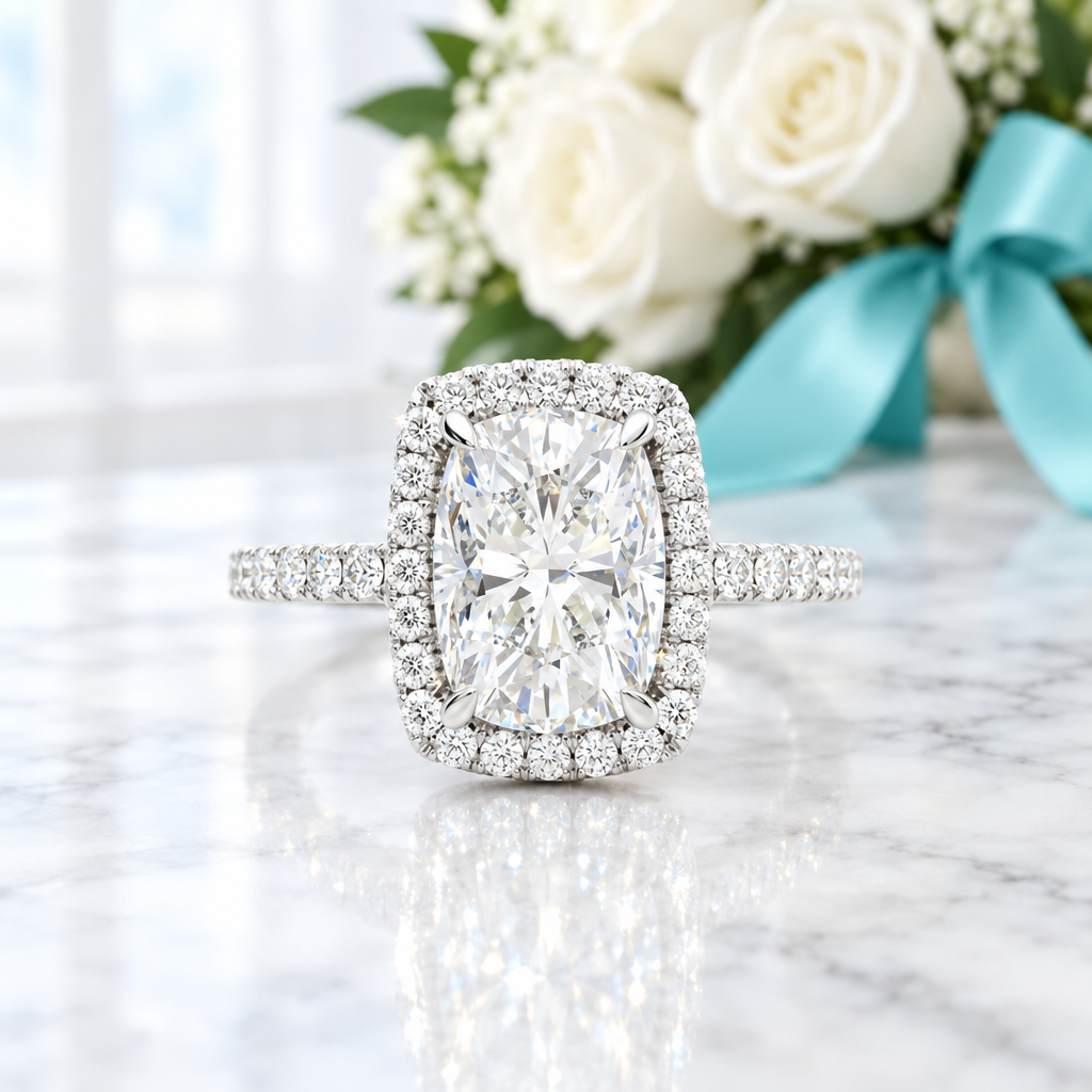 2.50 ct Cushion Cut Diamond Option 14k White Halo Engagement Ring - Evani Naomi Jewelry