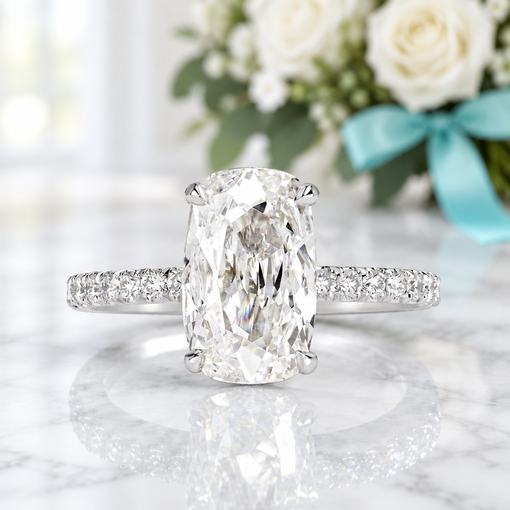 2.90 Ct Old Mine Cut Diamond 14K White Gold Engagement Ring-Evani Jewelry