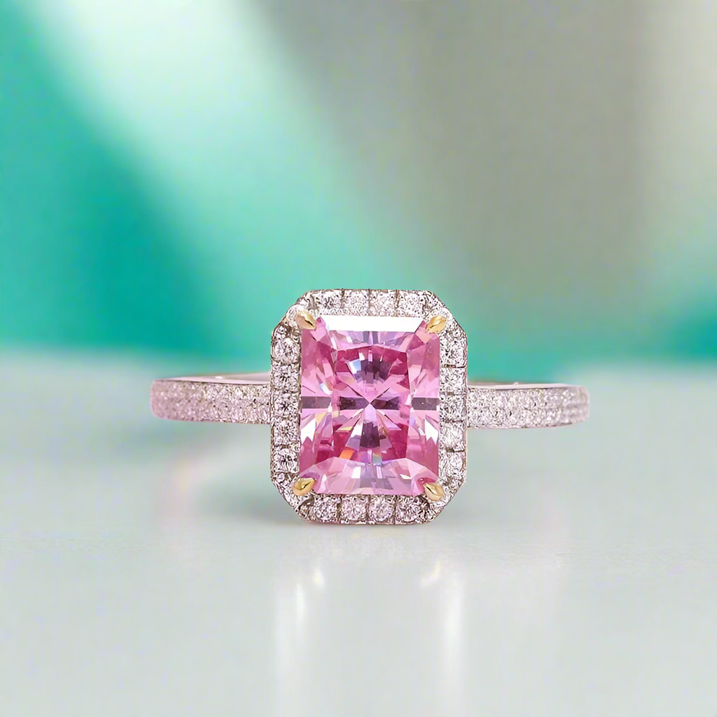 3.0ct Pink Emerald Cut Halo Diamond Engagement Ring-Evani Naomi Jewelry