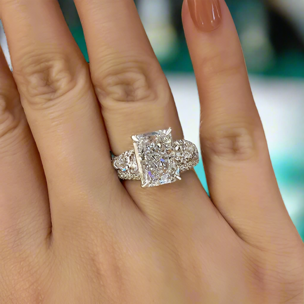 5.0 Ct Radiant Cut & Heart Cut Three Stone Wedding Set-Evani Naomi Jewelry