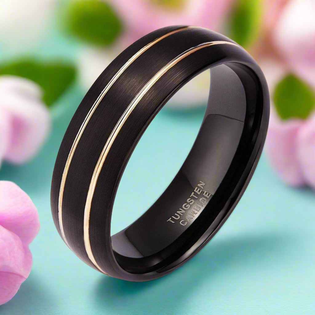 8mm Black Domed Tungsten Men's Wedding Band with Gold Line-Evani Naomi Jewelry
